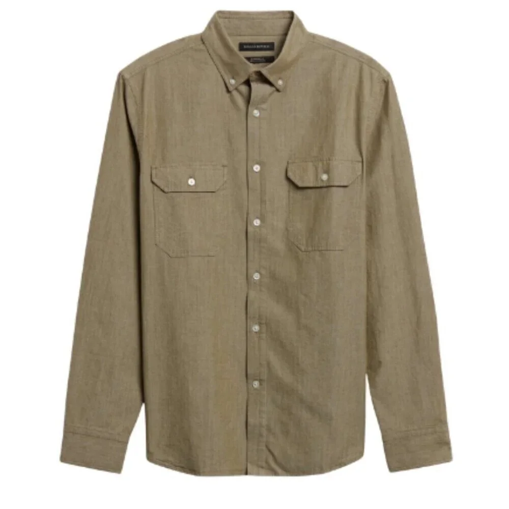Banana Republic Mens Xlarge Untucked Standard-Fit Chambray Shirt Washed Olive